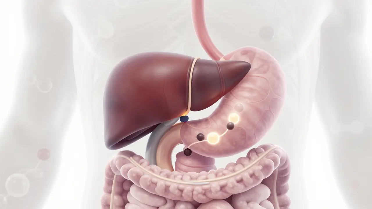 Vnitřní stav těla s CBD molekulami cestujícími z žaludku do krve.