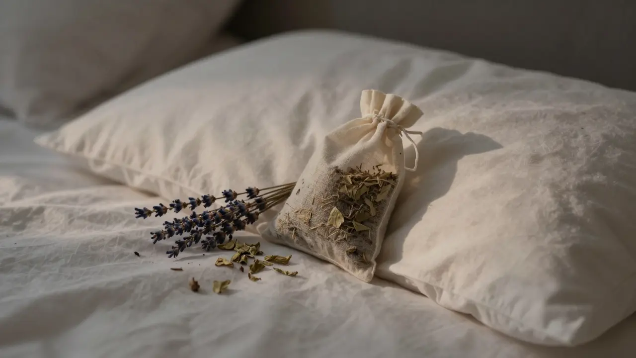 Vonící polštářek s bylinami na posteli pro relaxaci a lepší spaní.