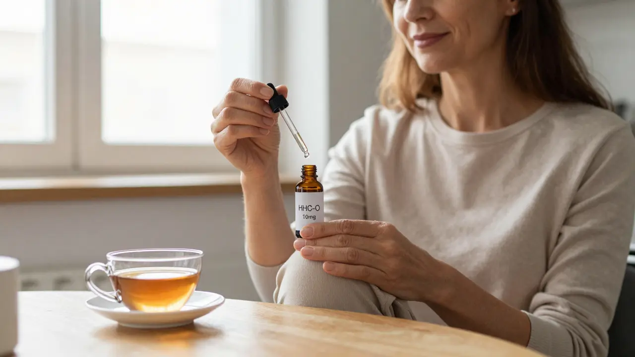 Žena v domácím prostředí opatrně užívá HHC-O v kapkách s klidným výrazem.