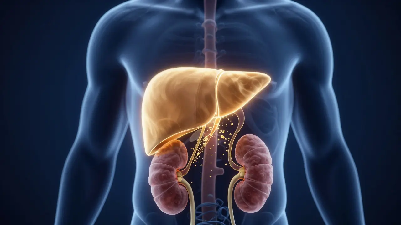 3D ilustrace metabolismu CBD v játrech a tukových tkáních lidského těla.