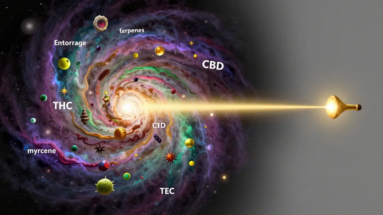 Abstraktní znázornění efektu doprovodu a čistého THC