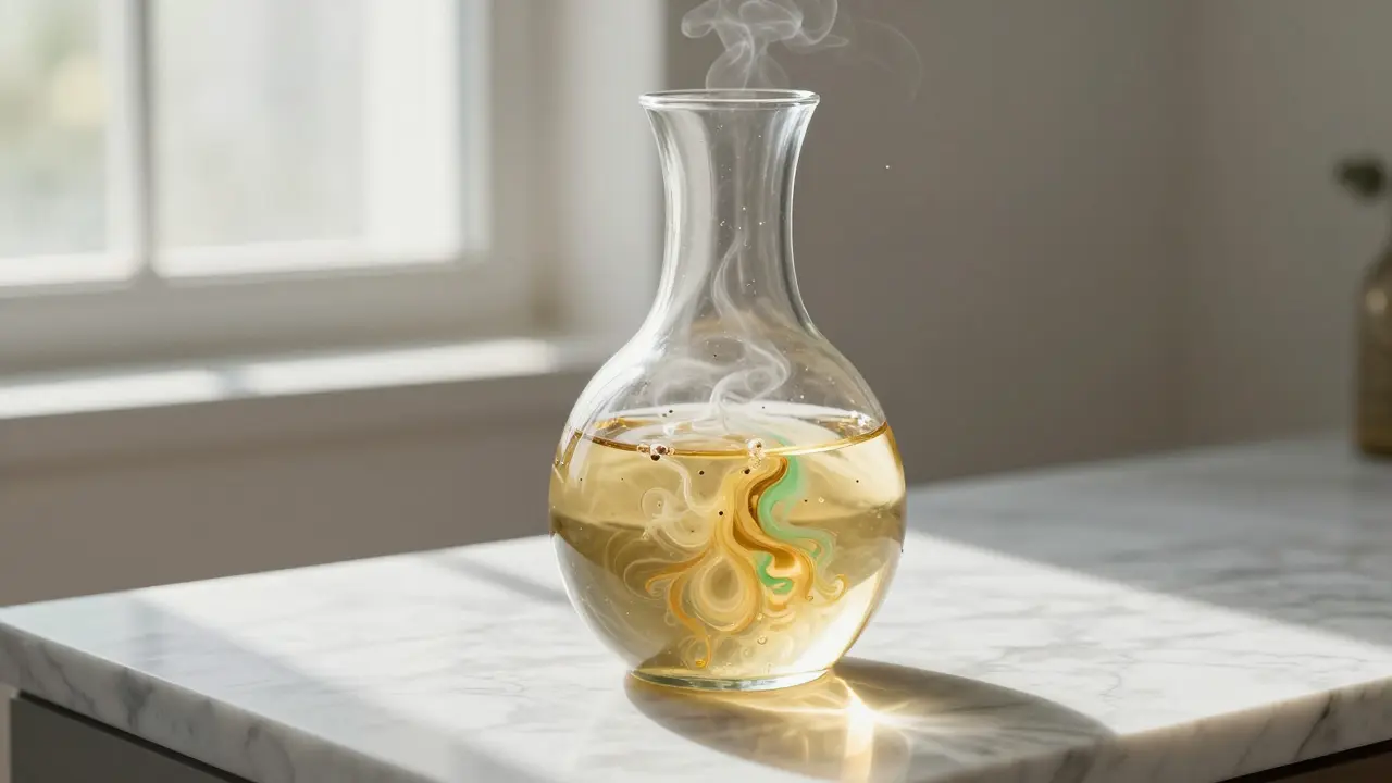 Bílé konopné víno v dekantéru s vizuální představou uvolňujících se aromat.