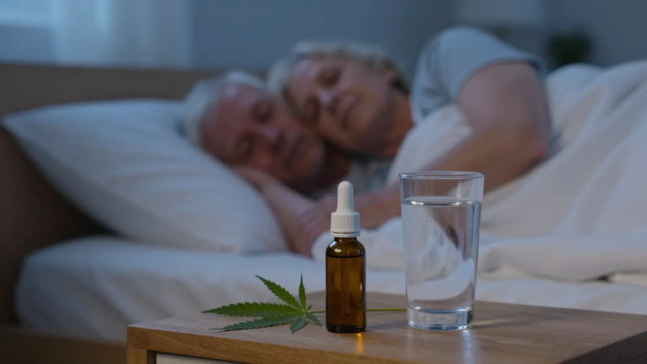 CBD olej na nočním stolku vedle odpočívajících seniorů