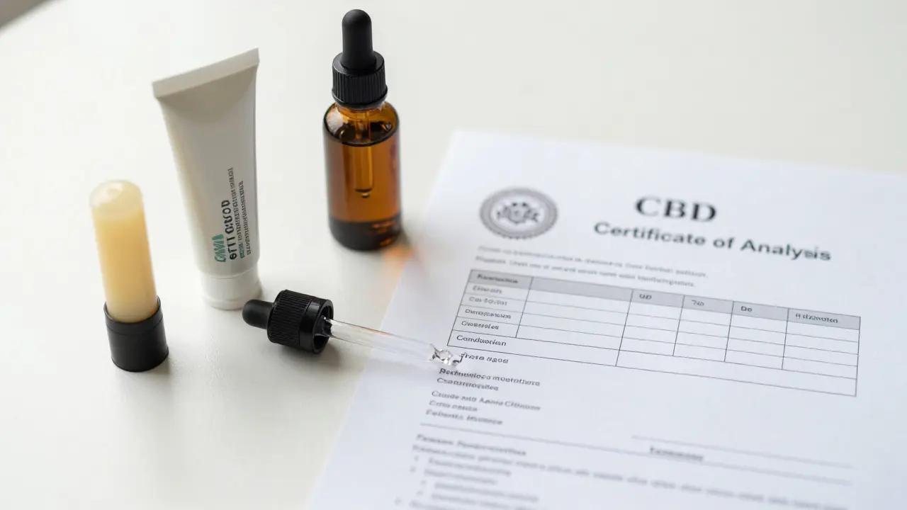 CBD pleťový krém a rtěnka vedle certifikátu analýzy složení.