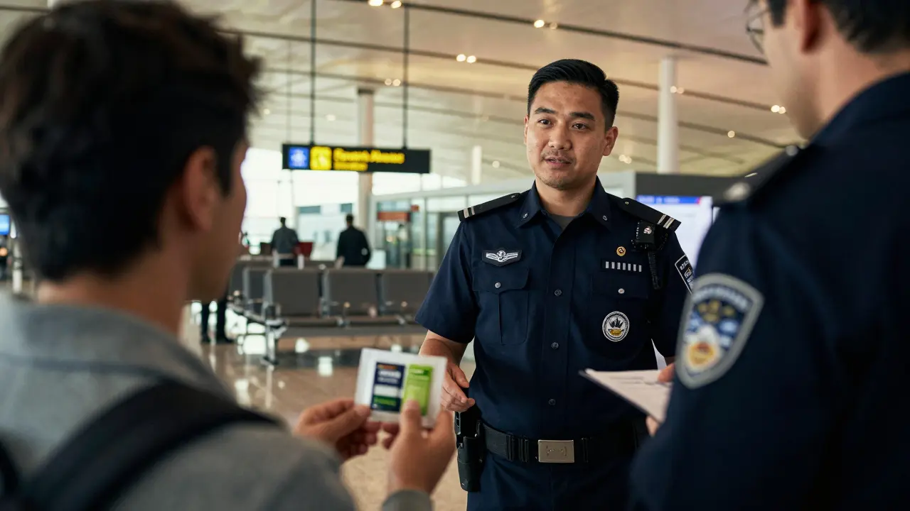 Cestující klidně komunikuje s celníkem v příletové hale letiště.