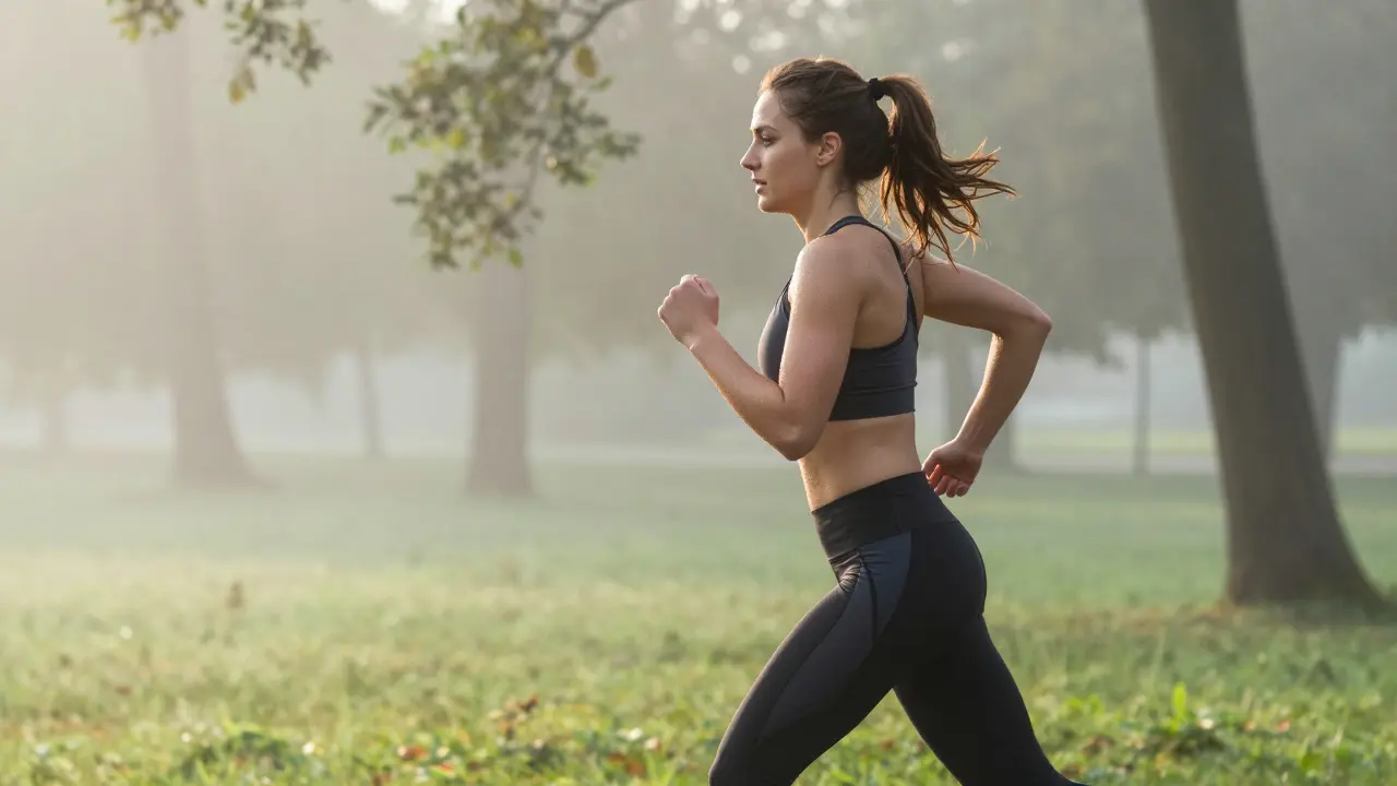 Člověk běhící v ranní mlze, symbolizující detoxikaci těla pomocí sportu.