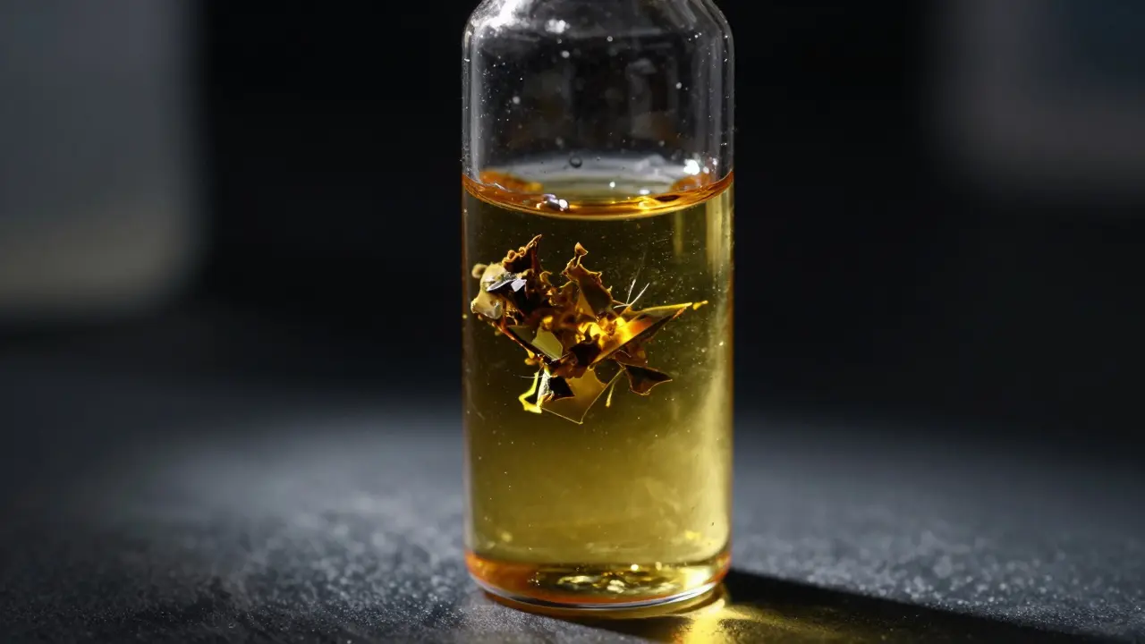 Detail zlatého oleje s nečistotami symbolizující riziko kontaminace HHC.