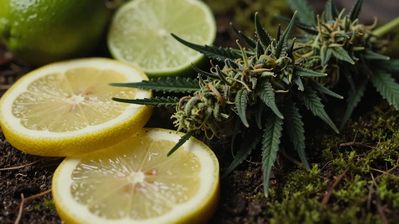 Detailní záběr na citrusy a borovici vedle konopných květů symbolizující terpeny.