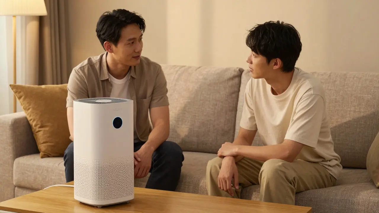 Dvě osoby v rozhovoru v obývacím pokoji s moderním čističem vzduchu.