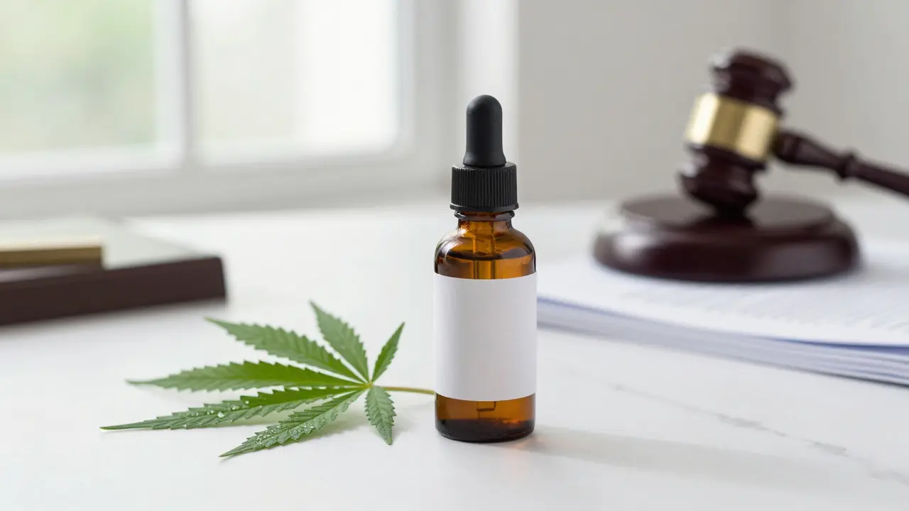 Kapička s kanabinoidy a konopný list vedle právnického kladiva na mramoru.