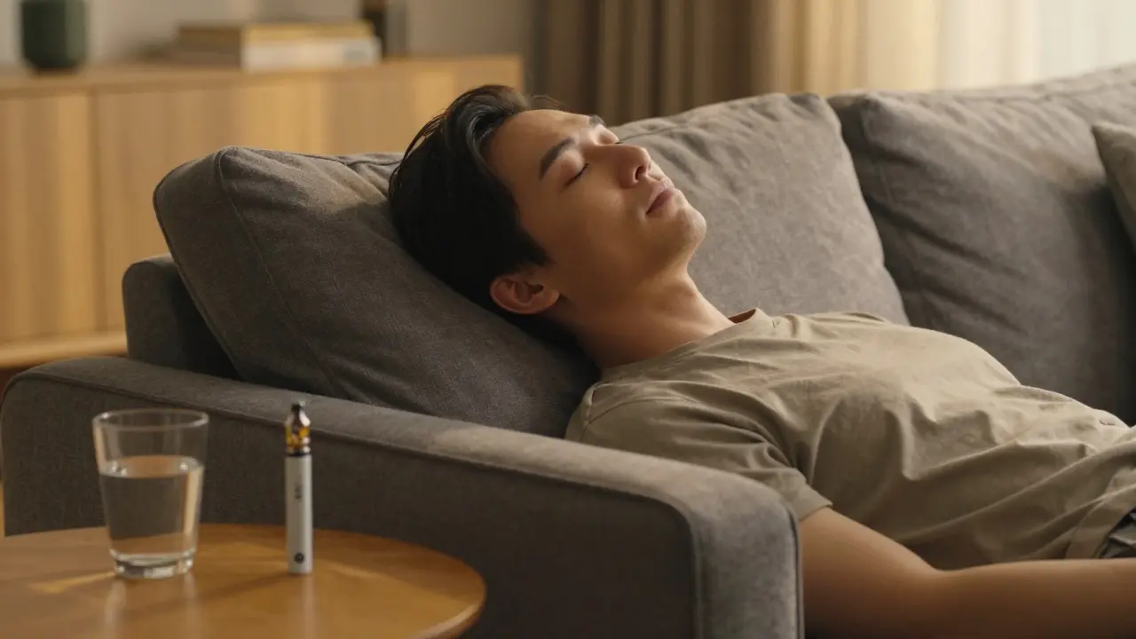 Klidný člověk relaxující na pohovce s CBD vaperem na stole.