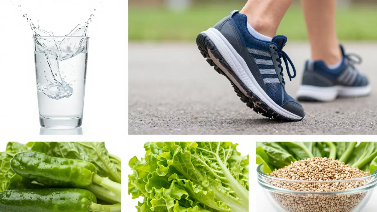 Kolaž symbolizující detox: čistá voda, běh a zdravá strava.