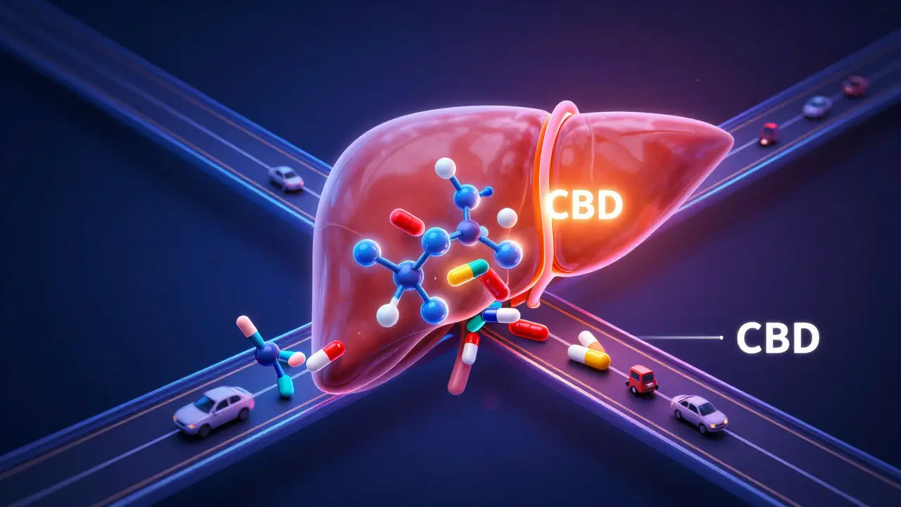 Koncepční obraz znázornující dopravní zácpu v játrech při užívání CBD a léků.