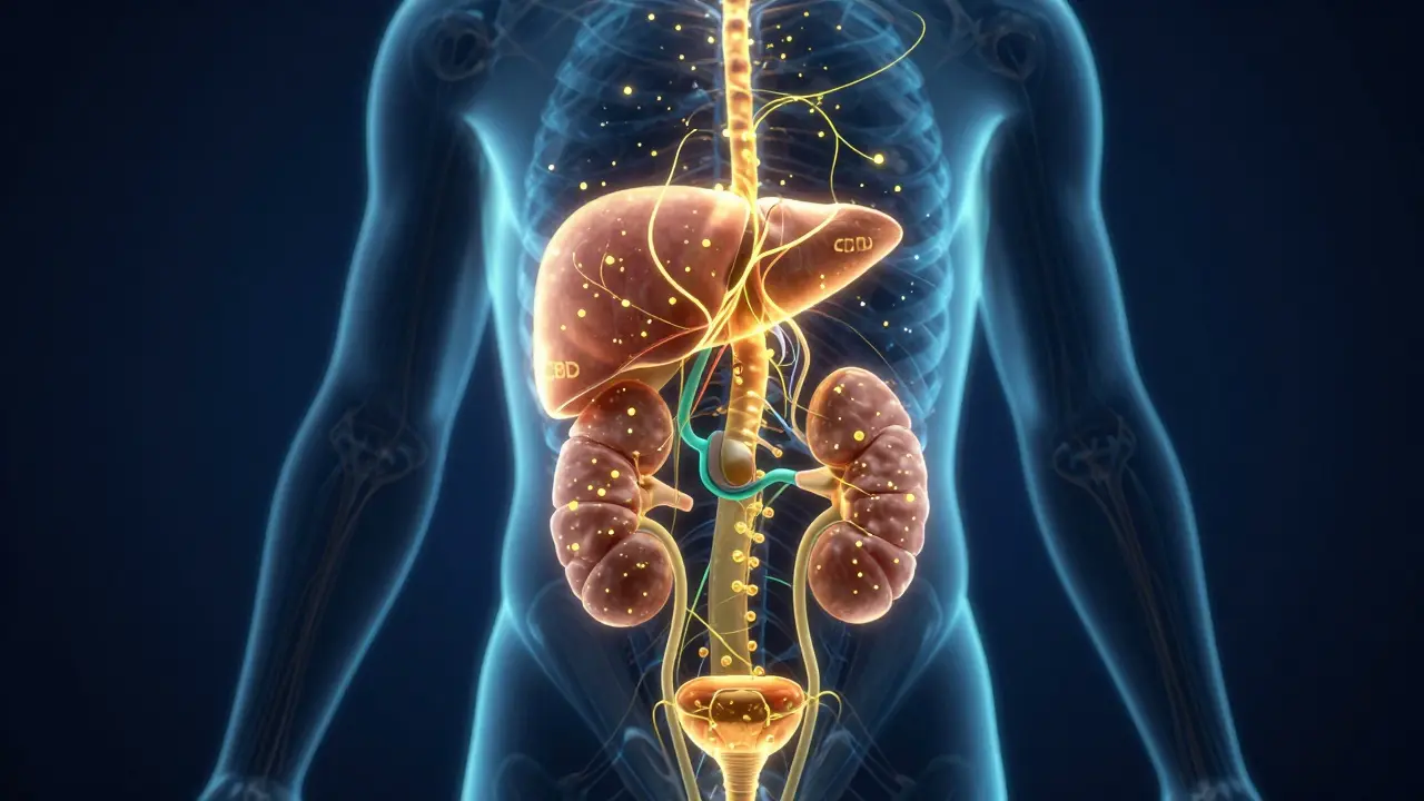 Konceptuální 3D vizualizace metabolismu CBD v játrech a ledvinách.