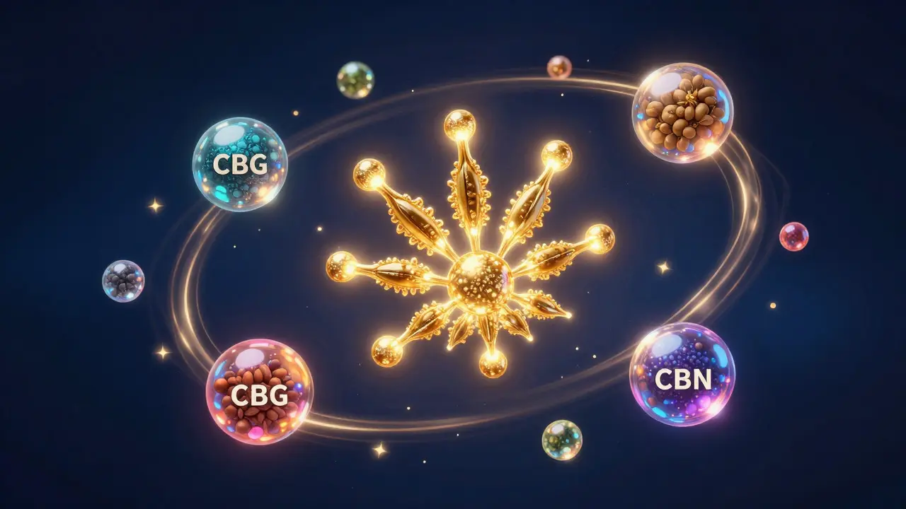 Konceptuální ilustrace efektu doprovodu s CBD a terpeny v kosmickém prostoru.