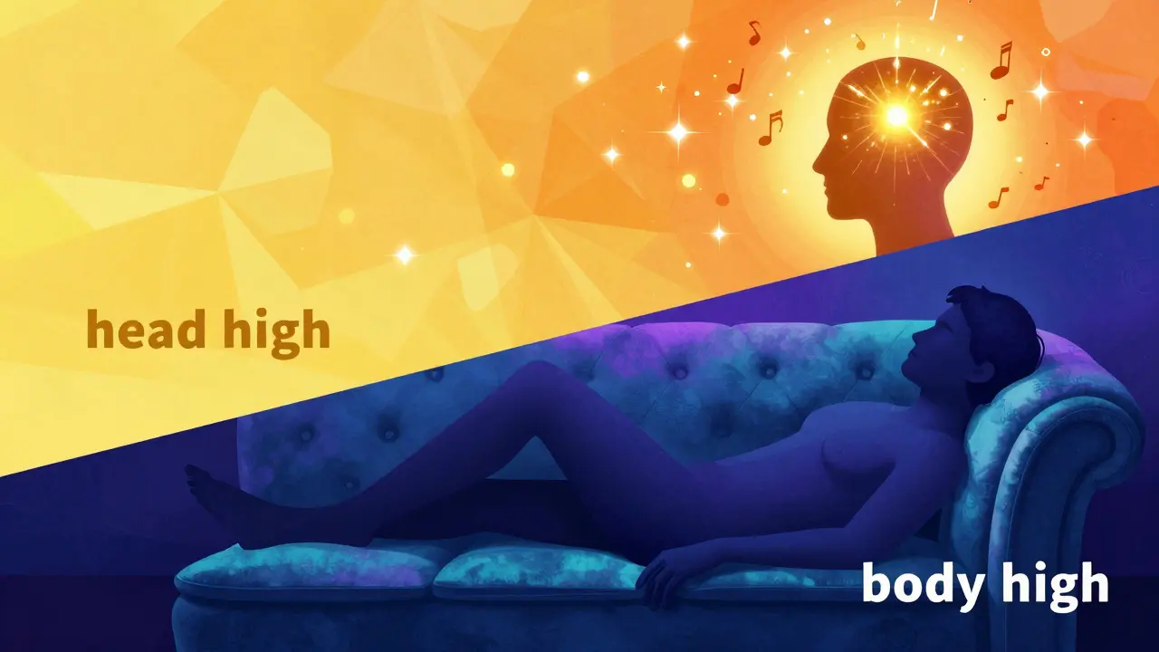 Konceptuální ilustrace znázornující stimulující účinek Sativy a relaxační efekt Indiky.