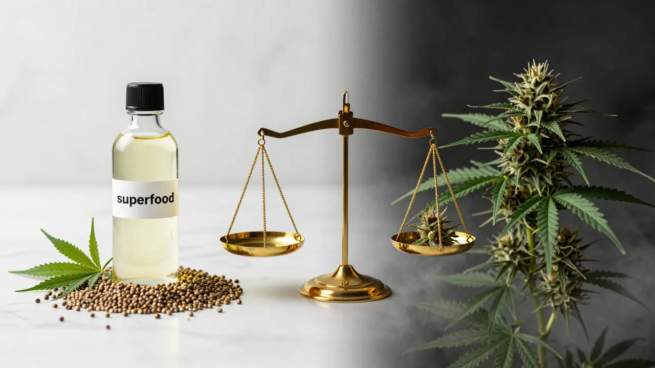 Konceptuální obraz znázornující rozdíl mezi konopnými semínky a marihuanou.