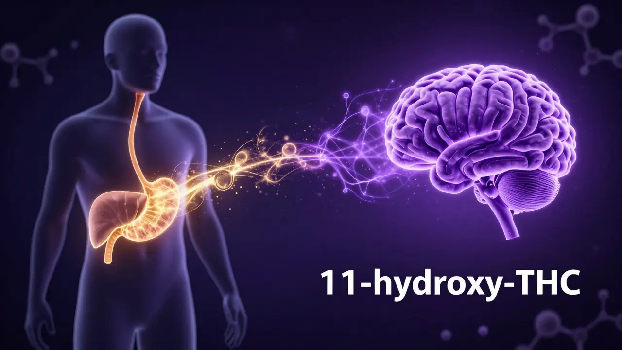 Konceptuální znázornění cesty THC z žaludku přes játra do mozku.