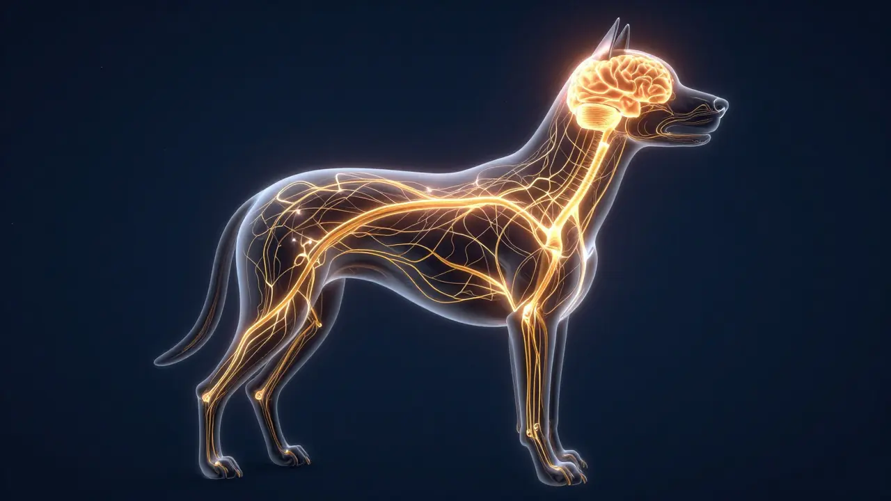 Konceptuální znázornení endocannabinoidního systému v těle psa s žlutými receptory.