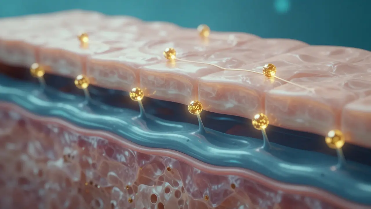 Konceptuální znázornění působení CBG na receptory v povrchu kůže.