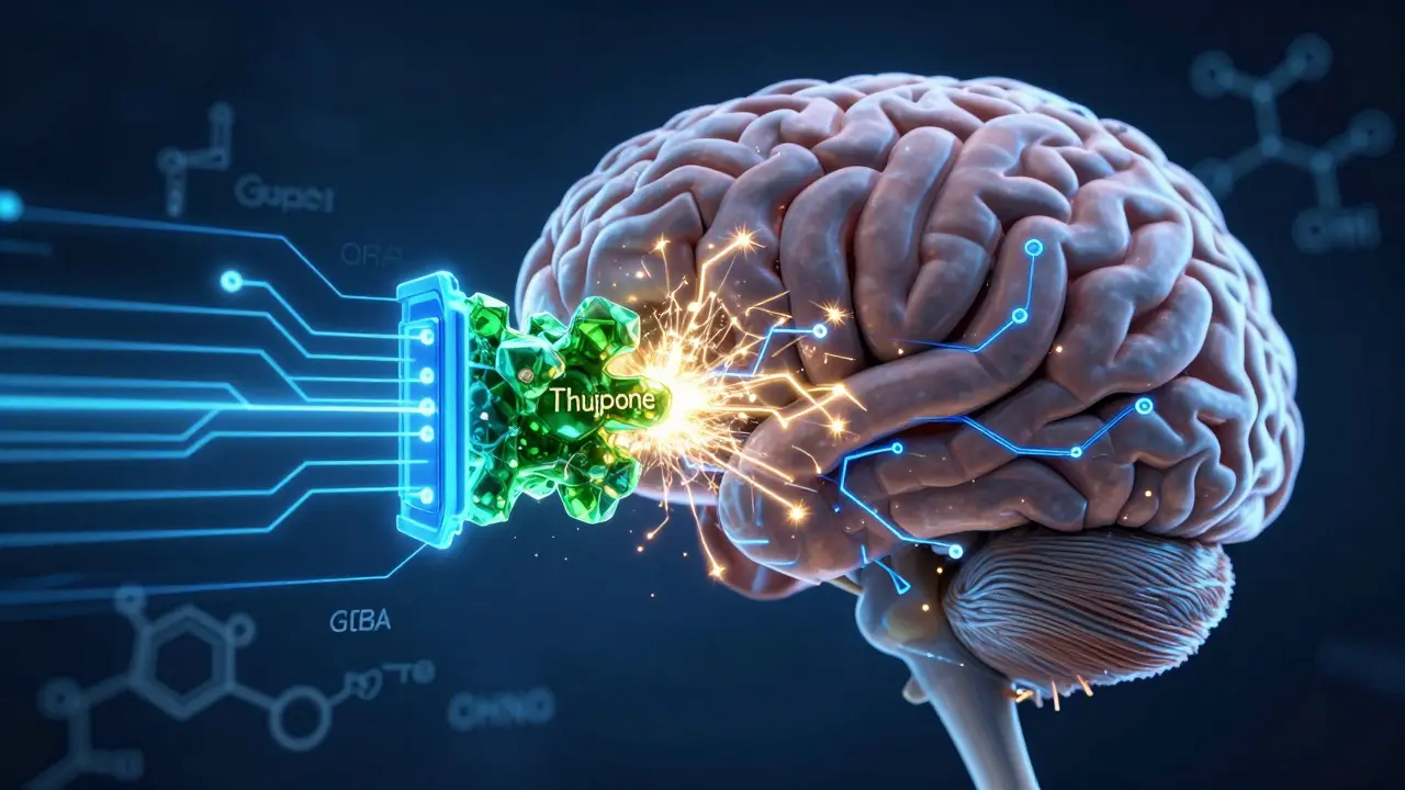 Konceptuální zobrazení thujonu blokujícího receptory v lidském mozku.