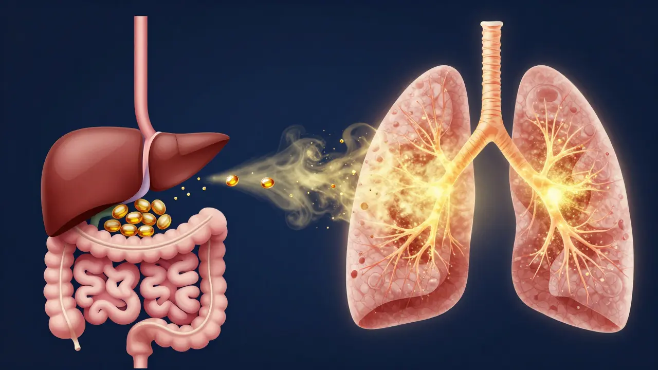 Konceptuální zobrazení vstřebávání CBD v plicích a trávicím traktu.
