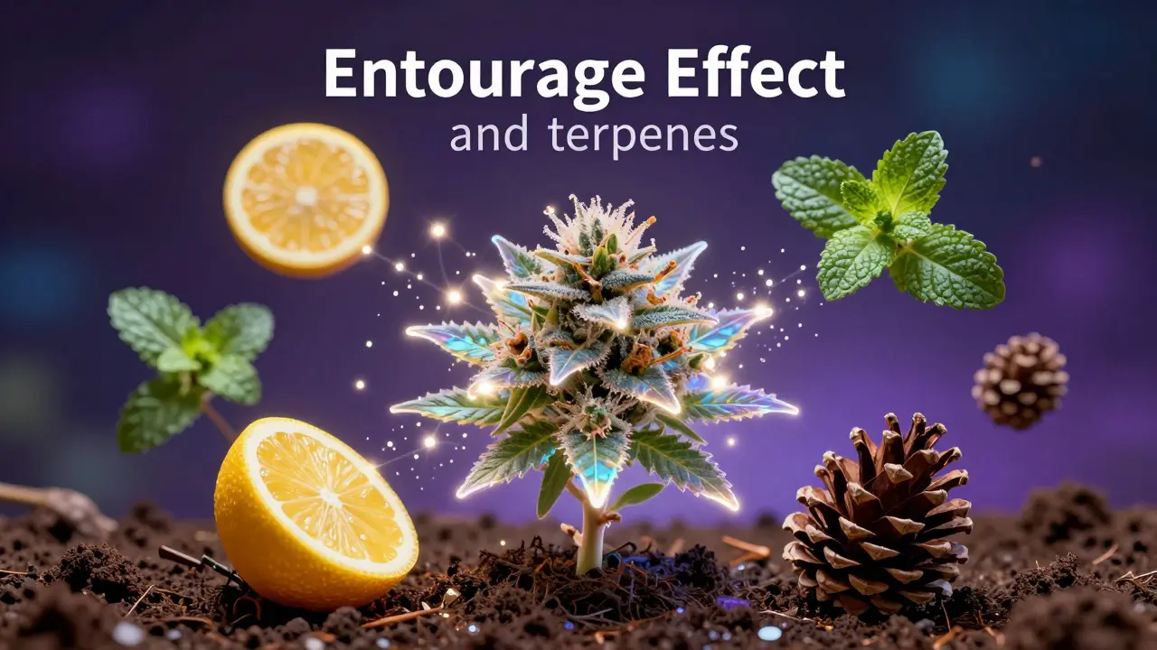 Konceptuální zobrazování terpenů jako citrusů a borovic kolem CBD květu.