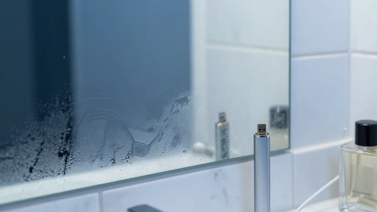 Kondenzace na zrcadle v koupelce vedle nenápadného USB vaperu.