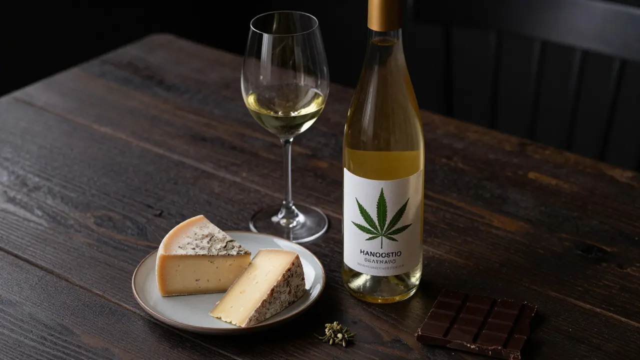 Konopné víno dopodávají s výběrem kvalitních sýrů a tmavou čokoládou.
