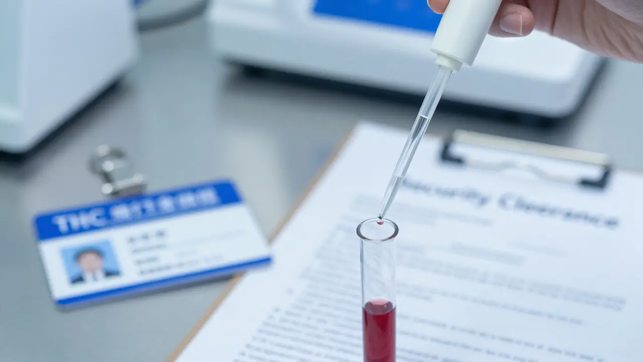 Laboratorní test moči s v pozadí rządovým průkazem a bezpečnostní prověrkou.