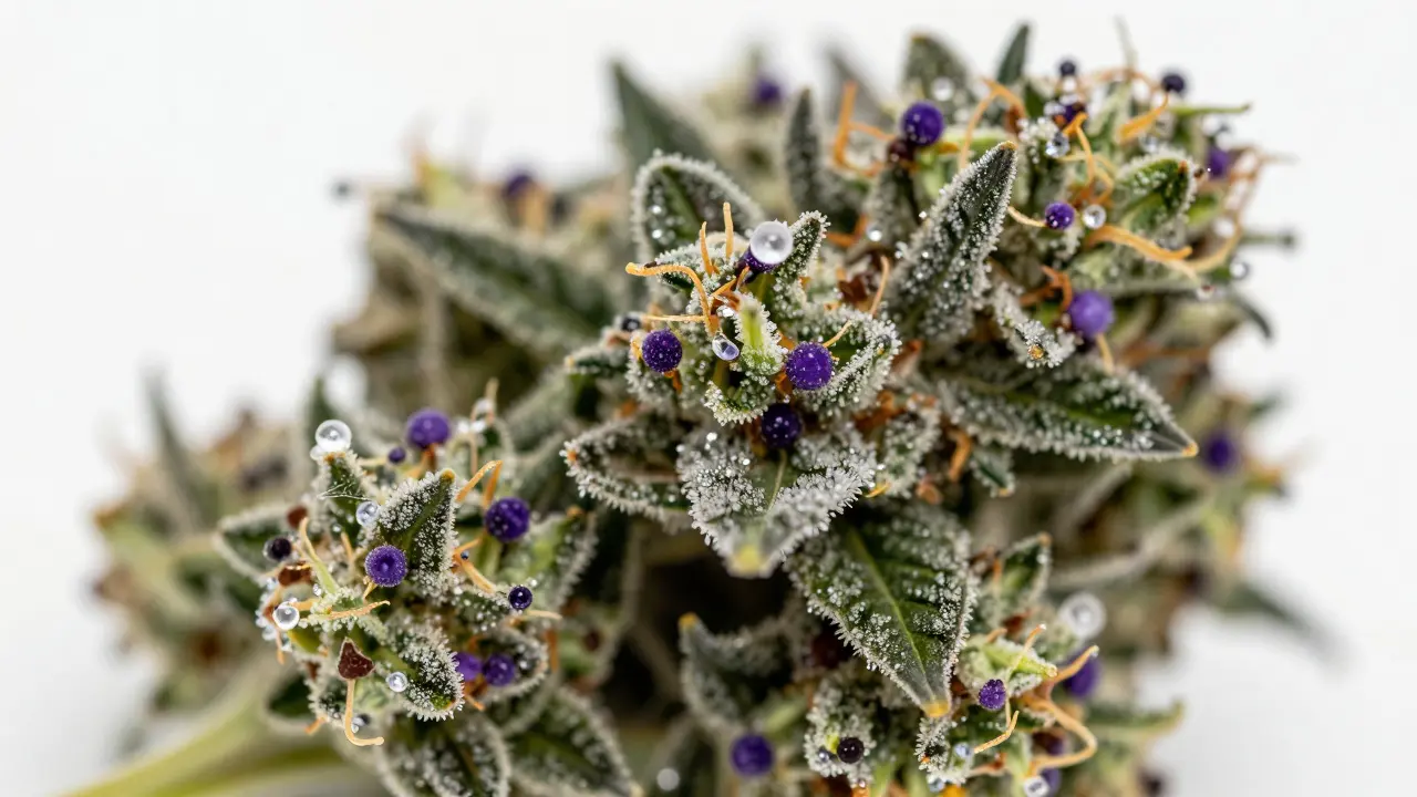 Makro detail kvalitního CBD květu s viditelnými krystalky trichomy.