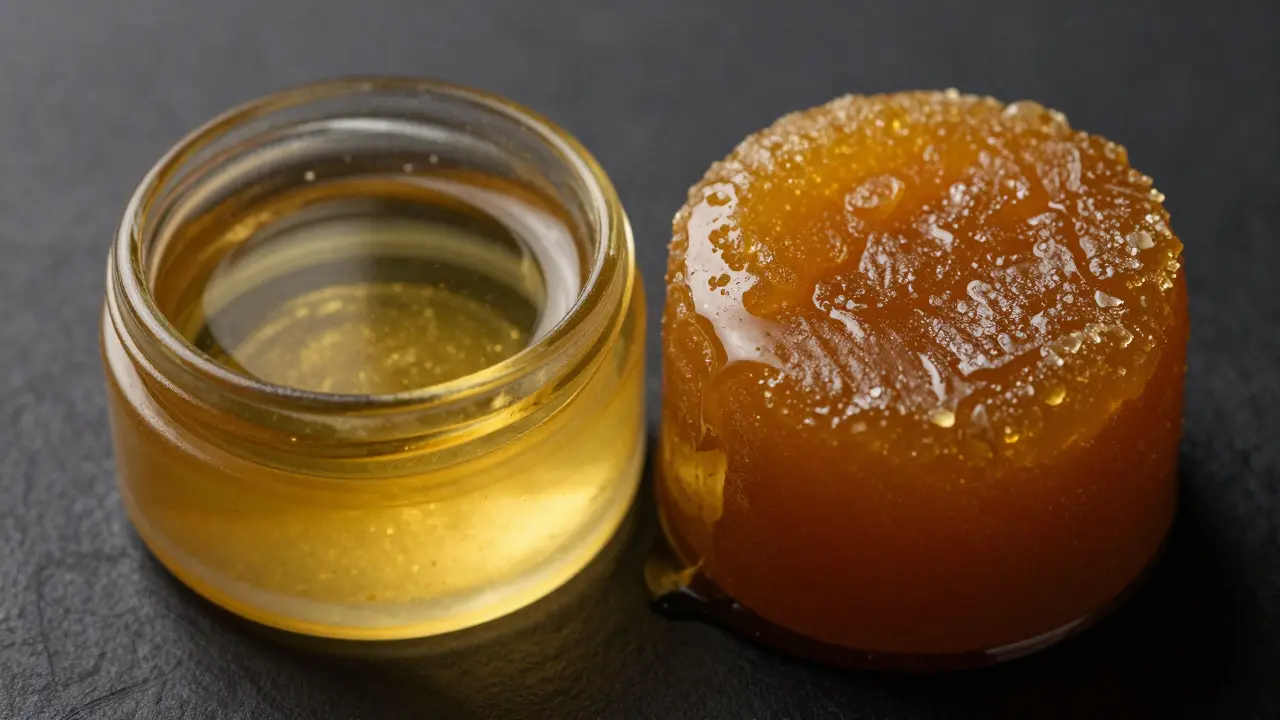 Makro srovnání tekutého CBD oleje a hustého koncentrátu typu wax.