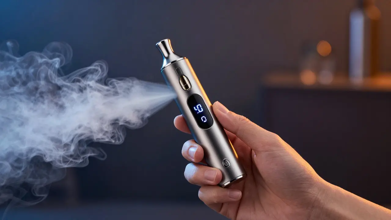 Moderní dab pen s digitálním displejem a jemným obláčkem páry v tmavém prostředí.
