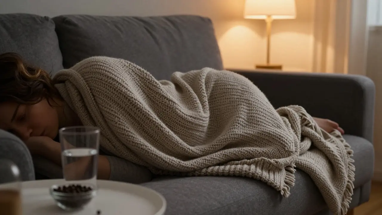 Osoba odpočívající na pohovaci s vodou a pepřem pro zmírnění účinků.