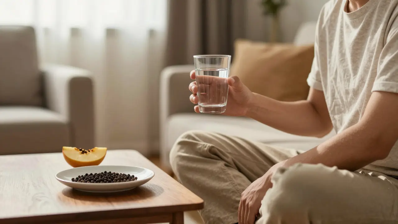Osoba v klidném domácím prostředí s vodou a pepřem pro zklidnění.