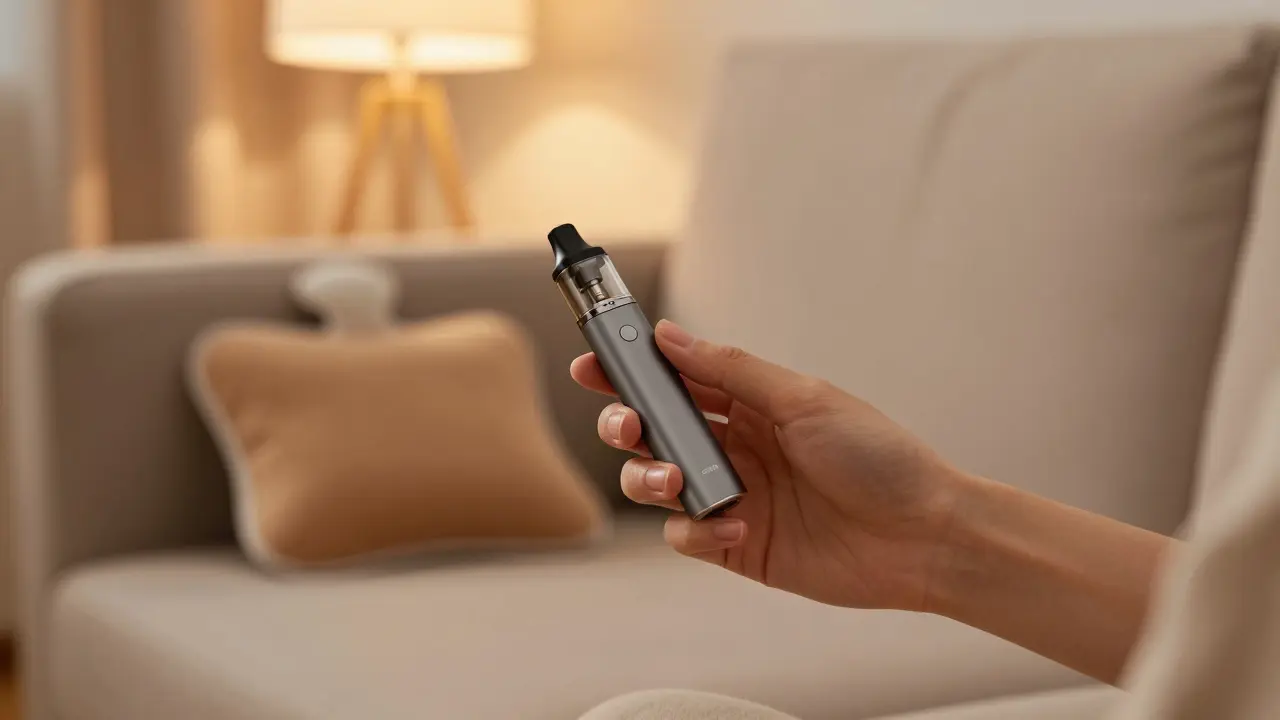 Ruka drží CBD vaper v útulném obývacím pokoji s teplým obkladem v pozadí.