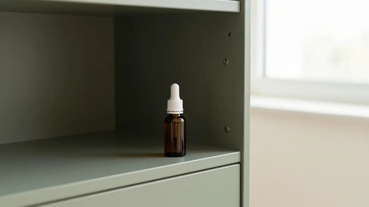 Správné skladování CBD oleje v temné a chladné skříňce.