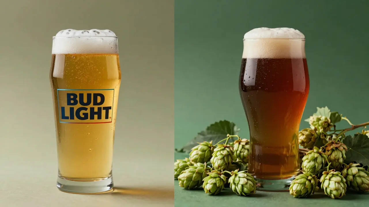 Srovnání světlého ležáku a hořké IPA s čerstvými chmelovými šišky.