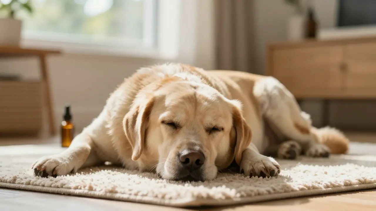 Starý, spokojený pes odpočívající v teplém slunečním světle v obývacím pokoji.
