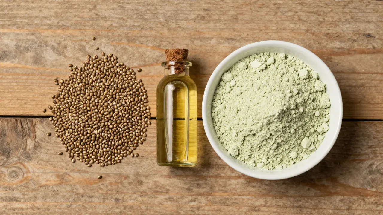 Suroviny pro výrobu konopného proteinu: semínka, olej a prášek.