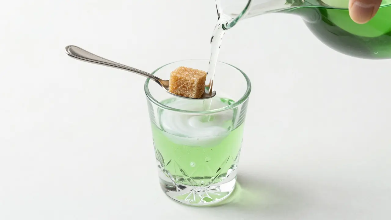 Tradiční příprava absintu s cukrem a vodou v moderním stylu.