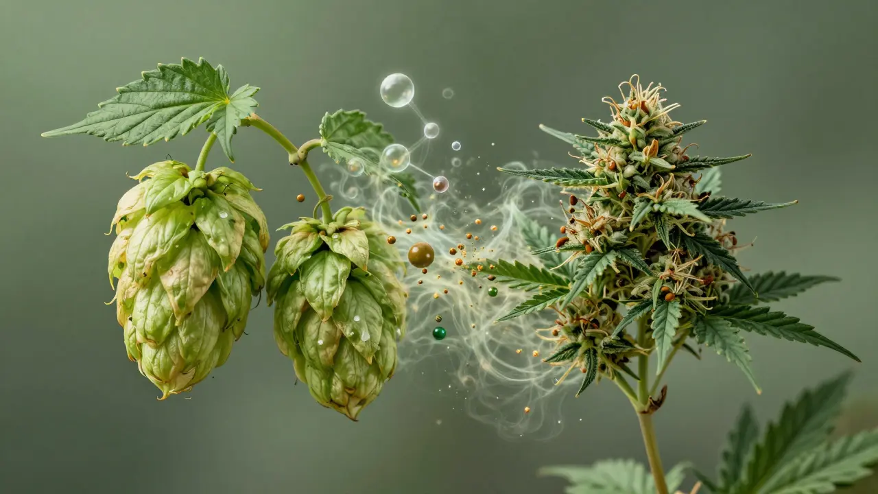 Umělecké znázornění botanické podobnosti mezi chmelem a konopí.