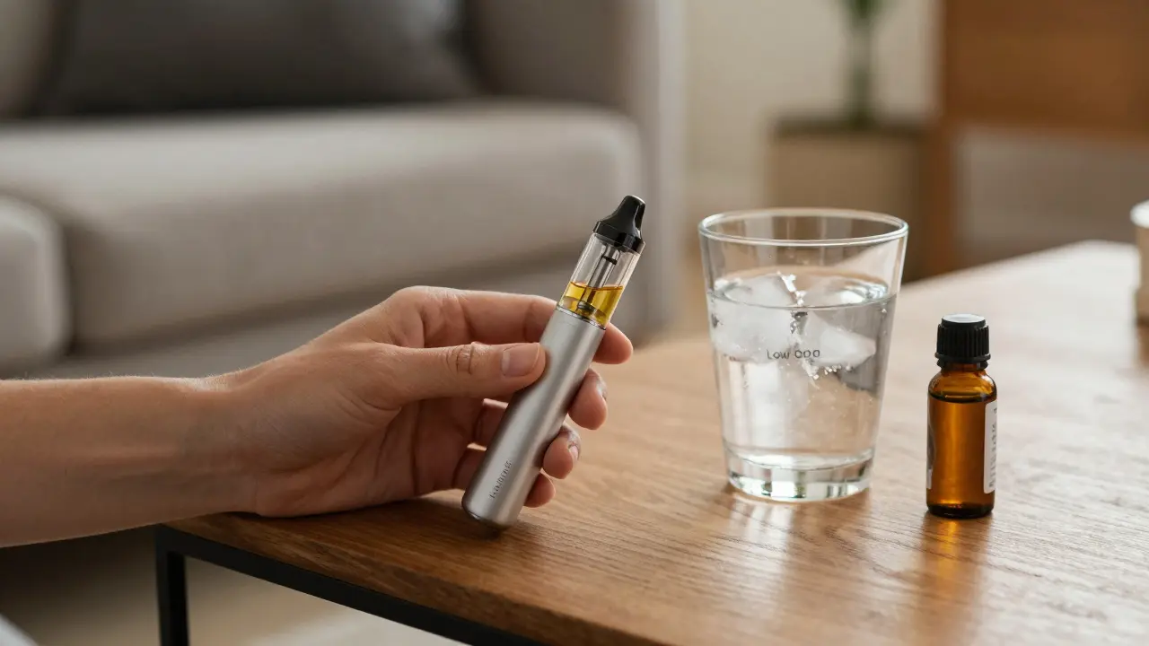 Vape pen s distillatem, sklenice vody a CBD olej na stole