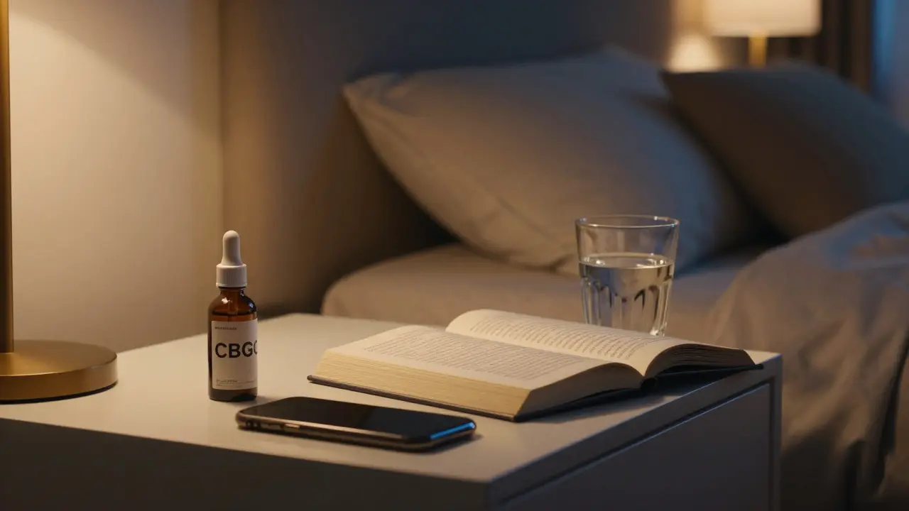 Večerní rituál s CBG olejem a knihou v útulné, tlumeně osvětlené ložnici.
