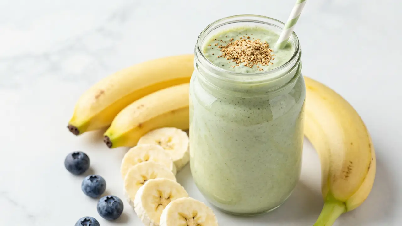 Zdravý banánovo-borůvkový smoothie s konopným proteinem.