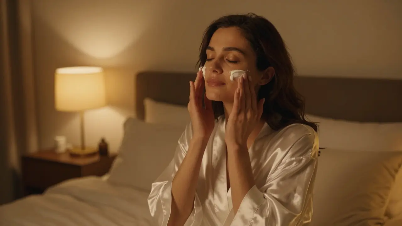 Žena v hedvábné rouchě aplikuje večerní péči o pleť v uklidňující atmosféře.