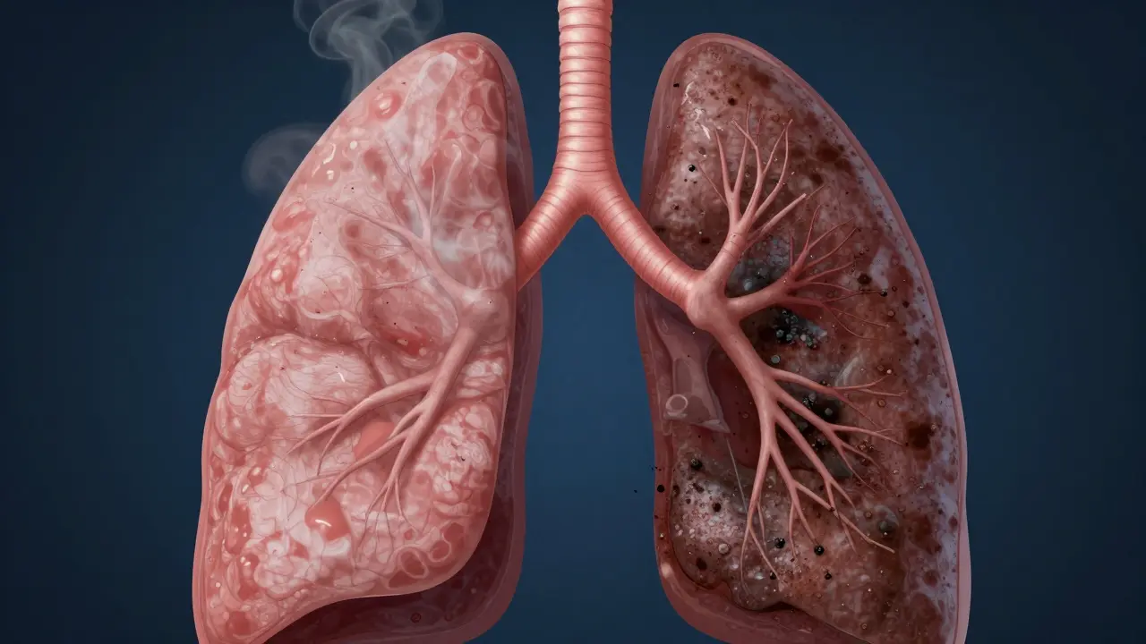 Anatomický pohled na plíce poškozené kouřením cigaret a konopí