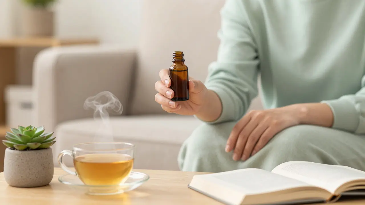 Člověk v relaxaci s lahví oleje v útulném interiéru