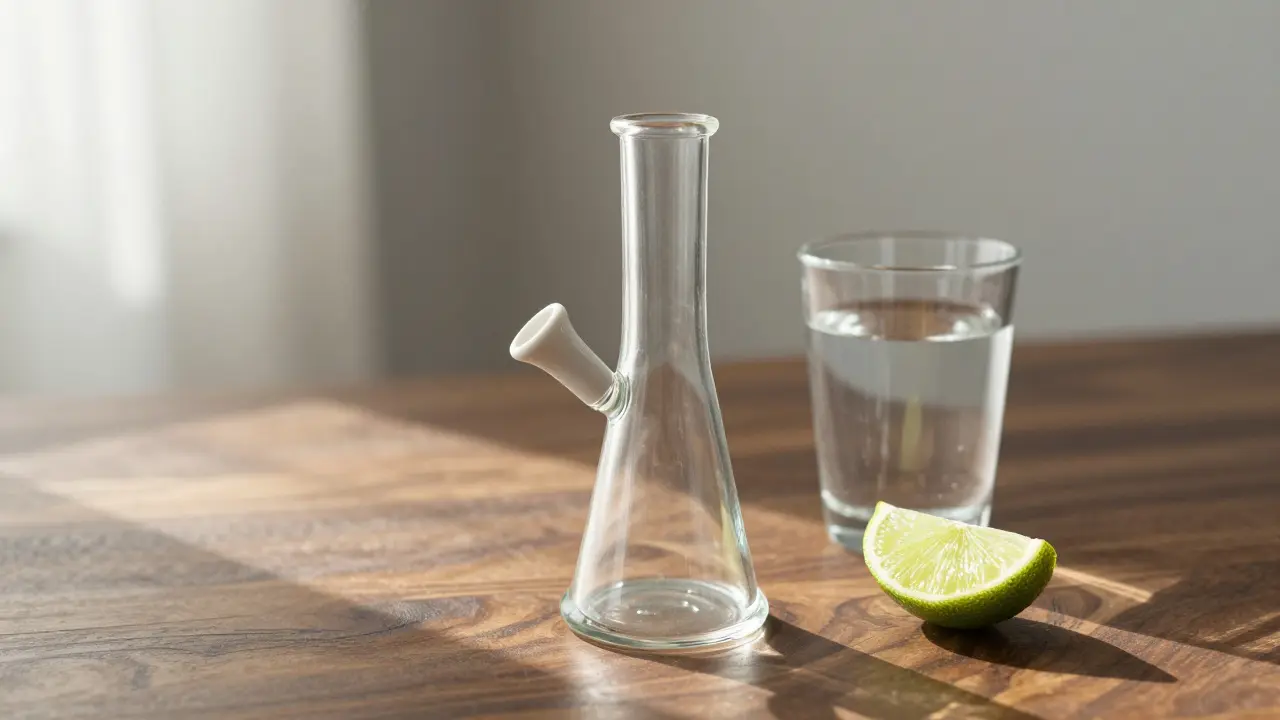 Dab rig, sklenice vody a citron na stolu v klidném prostředí