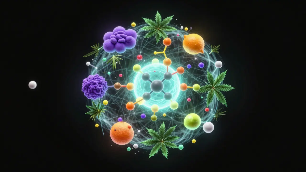 Ilustrace entourage efektu s CBD a různými terpeny